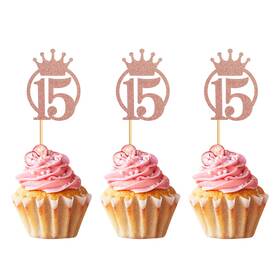Unimall 755331290131 Pack Of 24 Rose Gold Glitter Number 15 Cupcake Toppers With Crown 15th Birthd