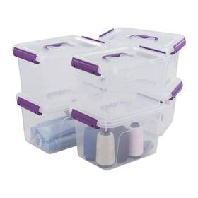 Utiao 751300850658 Clear Plastic Bin With Lid 6 Quart Latching Box Purple Handle Packs
