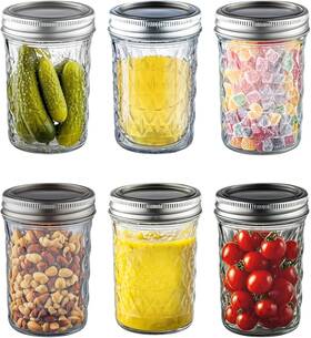 Verahaus 762347760787 Canning Jars 16 Oz Wide Mouth 6-pack - Quilted Glass With Lids &