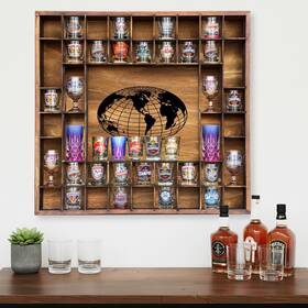 Verssure 602581235880 48 Shot Glass Display Case With Large World Map 28 Inch X 27 Solid Wood Gla