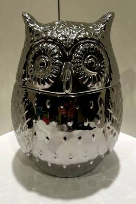 81997576346786 West Elm Silver Metallic/glazed Ceramic Owl Cookie Jar 10 Inch Kitchen Storage