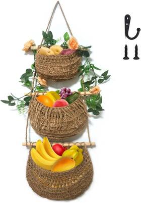 Hb-01 Whfifhd Hanging Fruit Baskets For Kitchen 3-tier Handmade Bohemian Wall Jute Hb-01 Whfifhd Hanging Fruit Baskets For Kitchen 3-tier Handmade Bohemian Wall Jute