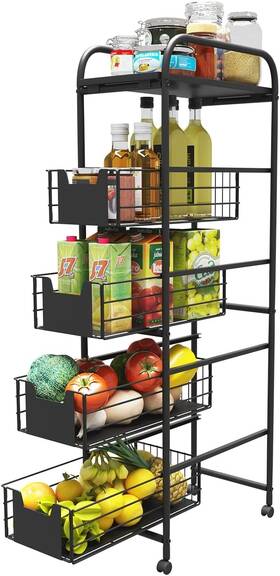 Zhaifeng5 Whifea 5 Tier Slim Rolling Cart With Drawers Pull-out Design Black