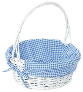 Wickerwise 651355039360 White Round Willow Gift Basket With Blue And Gingham Liner Handles