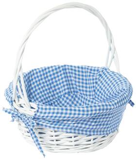 Qi004550bl.s Wickerwise White Round Willow Gift Basket With Blue And Gingham Liner Handles