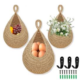 Wishfly 683125247231 Hanging Fruit Basket For Kitchen 3 Pack Wall Baskets Linen