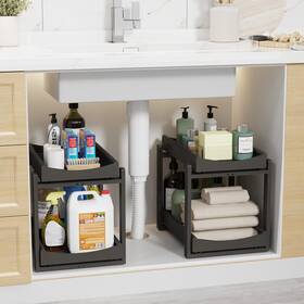10-cxsn-1 Wisuce Essentials Bamboo Under Sink Organizer Adjustable Height 2 Tier Bathroom Pull