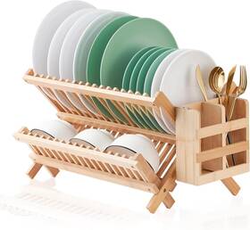 Worthyeah 779139299776 Bamboo Dish Drying Rack 2 Tier Collapsible With Utensil Holder