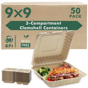 3-comp Yoyomax 768872073477 9x9-50pack 100% Compostable To Go Food Containers With Lids