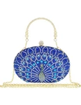 Peacock Blue Beaded Sequin Evening Clutch Handbag With Long Gold Chain & Handle. Fixed Price $34.99.