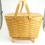 Longaberger 1996 Large Picnic Basket #10324 W/ Riser Wooden Handles Protector. Fixed Price $39.00.