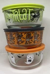 (3) Pyrex Halloween 4 Cup Glass Storage Bowls W/ Lids Cats Bats Mummy Ghosts New. Fixed Price $89.99.