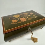 Vintage Italian Wood Footed Jewelry Box Floral Inlay Music Key Blue Danube. Fixed Price $54.00.