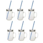 Sunshine Mason Co. Glass Jar Drinking Mug Set With Handle, Silver Lids. Fixed Price $24.64.