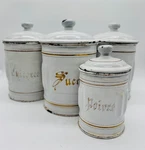 Set Of 4 French Kitchen Canisters Enamelware Farmhouse Decor. Fixed Price $130.00.