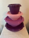 Vintage Tupperware Servalier Bowls With Lids Purples And Pink, 3 Square 1 Round. Fixed Price $34.00.
