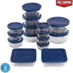 Anchor Hocking Clear Glass Food Storage Containers 30 Pieces Set With Navy Lids. Fixed Price $35.98.