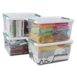 Kekow 35 Quart Latching Storage Box, Stackable Bin With Lid, 4 Pack. Fixed Price $54.99.