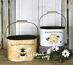 New Set 2 Home Is Where My Honey Bee Hive Bucket Metal Basket Oval Containers. Fixed Price $24.99.