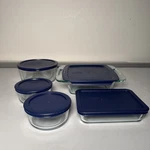 Pyrex Easy Grab 10-PIECE Glass Bakeware & Storage Set Navy Blue Lids. Fixed Price $55.00.