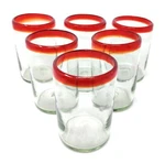 Hand Blown Mexican Drinking Glasses Set Of 6 With Red Rims 14 Oz Each. Fixed Price $69.64.