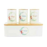 Megachef 4 Piece Coffee Tea Sugar White Canister Set With Bread Box & Bamboo Lid. Fixed Price $33.95.