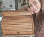 Vintage Farmhouse Roll Top Wood Bread Box Oak Amish Artisan Food Storage. Fixed Price $149.97.