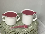 Tupperware Sugar Bowl 2310A Oz Creamer 2309A 12 Pink Snap Lids W/ Spoons. Fixed Price $19.95.