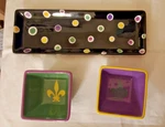 Hand Painted Mardi Gras Fleur De Lis Ceramic Chip Dip Cheese Plate Purple Green. Fixed Price $28.00.