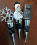 3 Metal/ Glass Wine Bottle Stoppers Winter/ Woodland Theme Owl Snowman Snowflake. Fixed Price $18.00.
