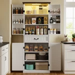 Homcom Farmhouse Kitchen Pantry With Light, Storage Cabinet, White. Fixed Price $180.00.