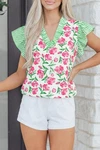 Multicolour Sweet Floral Print Striped Ruffle Trim V Neck Blouse. Fixed Price $23.99.