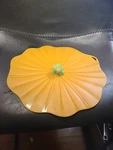 Charles Viancin Silicone Lid 10.5 Inch Round Scalloped Orange With Green Handle.. Fixed Price $10.00.
