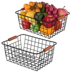 Junchu Wire Kitchen Storage Basket 2-PACK With Wooden Handle Black, Stackable. Fixed Price $30.73.