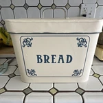 White Blue Metal Rectangular Bread Bin With Handle Lid Decorative Corners. Fixed Price $18.00.