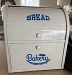 White Metal Bread Bin, Rectangular, Handle Lid, Two Compartments, Blue Details. Fixed Price $27.99.