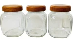 Vtg Anchor Hocking (?) Set Of 3 Canisters 5" Square Glass Jars Wooden Lids. Fixed Price $65.00.
