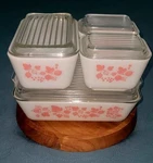 Pyrex Gooseberry Vintage Glass Storage Container Set Pink With Lids 1957. Fixed Price $335.00.