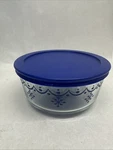 Pyrex 4 Cup Blue Snowflake Garland Glass Storage Bowl & Lid. Fixed Price $35.00.