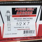 (new Box) 1/2" 7" 316 Stainless Steel Wedge Anchor 25 Pk. Fixed Price $149.00.