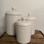 Vintage Gibson Canister Storage Set 3PC Ceramic Grapevine Leaves Creamy White. Fixed Price $20.99.