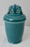 Rookwood Cigar Jar With Lid. 1935. 9"H. Turquoise. Shape 6477-ORIG Cast By Ac. Fixed Price $475.00.