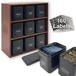 Walnut Tea Organizer Rack With 9 Tins & 160 Magnetic Labels For Easy Storage. Fixed Price $166.99.