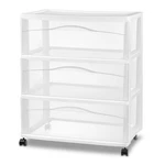 Sterilite Wide 3 Drawer Storage Cart, Plastic Rolling Organizer, White Frame. Fixed Price $54.99.