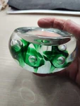 1993 Gibson Crystal & Green Hand Blown Tea Light Candle Holder, Marked, Heavy. Fixed Price $21.00.