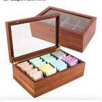Acacia Wood Tea Bag Organizer Box 12 Compartments Clear Glass Lid Holder Storage. Fixed Price $33.00.