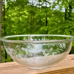 Vintage Pyrex Colonial Mist Clear Glass Bowl #326 Large 4L White Lace Daisy. Fixed Price $125.00.
