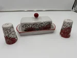 Butter Dish & Salt Pepper Stoneware Poinsettia Christmas Embossed. Fixed Price $19.99.
