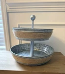 Galvanized Two Tiered Serving Stand - Farmhouse 2 Metal Tray Platter. Fixed Price $22.00.