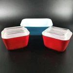 Vintage Pyrex Primary Colors Red 501 Blue 502-B Fridgie Refrigerator Dish Set. Fixed Price $39.20.